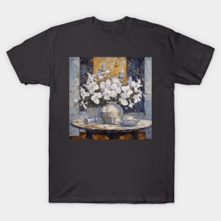 White Phlox and Petunias in Silver Vase Modern Still Life Painting T-Shirt